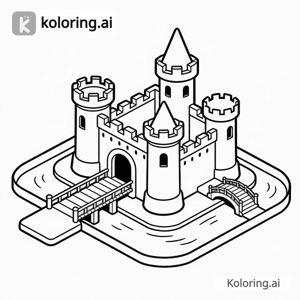 Black and white coloring page of castle with a drawbridge and moat