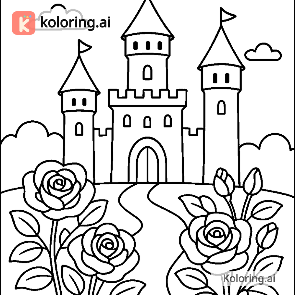 Black and white coloring page of castle with a rose garden in bloom