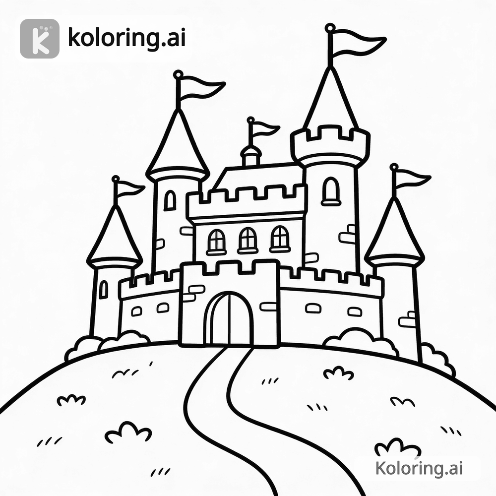 Black and white coloring page of fairy tale castle on a hilltop with flags