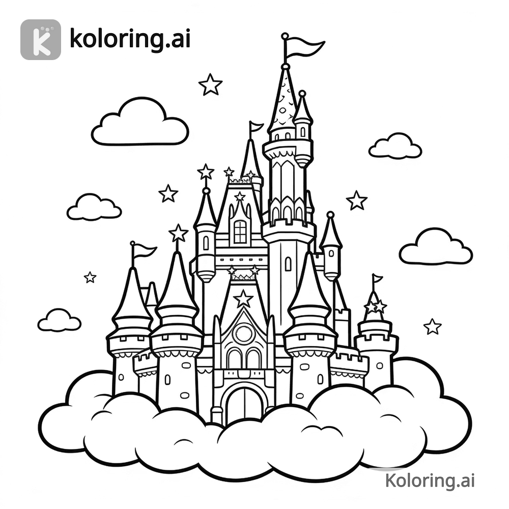 Black and white coloring page of magical castle in the clouds