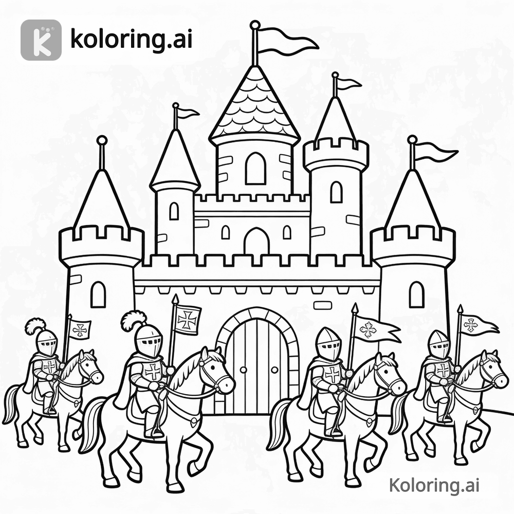 Black and white coloring page of medieval castle with knights on horses