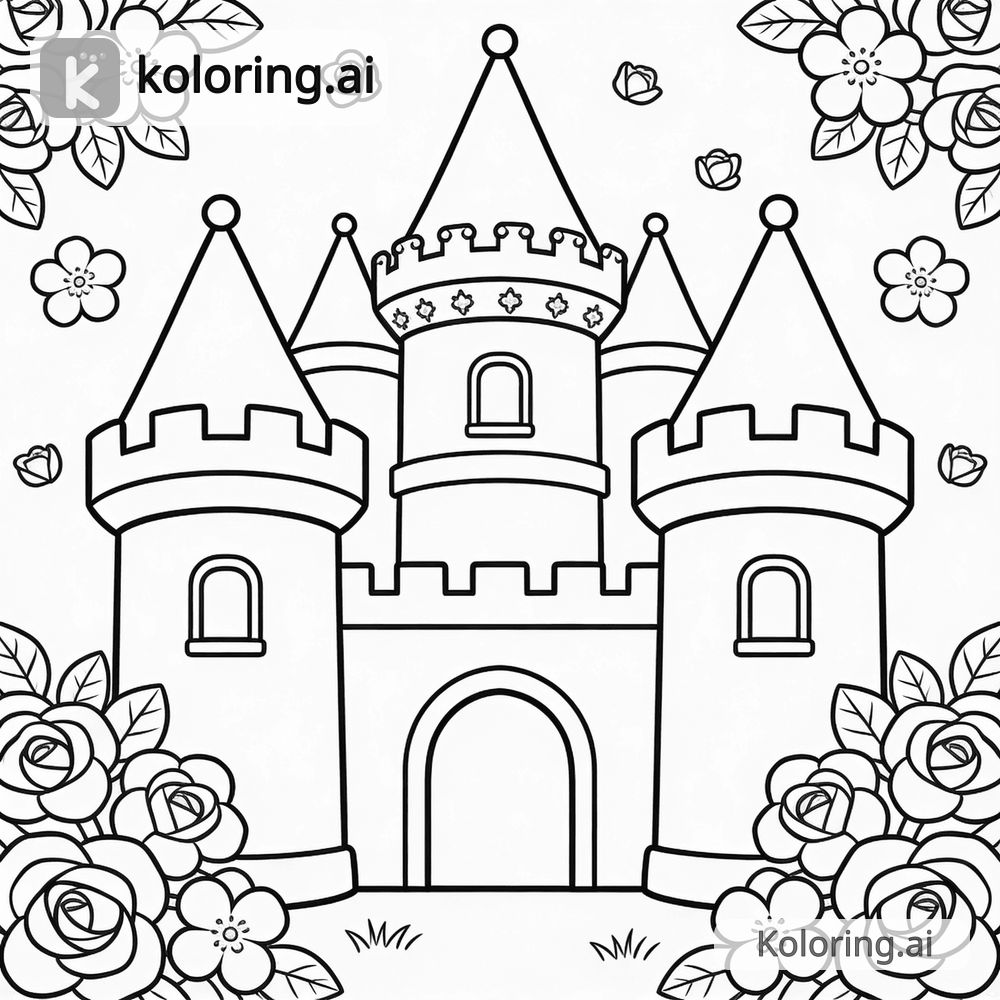 Black and white coloring page of princess castle with towers and roses