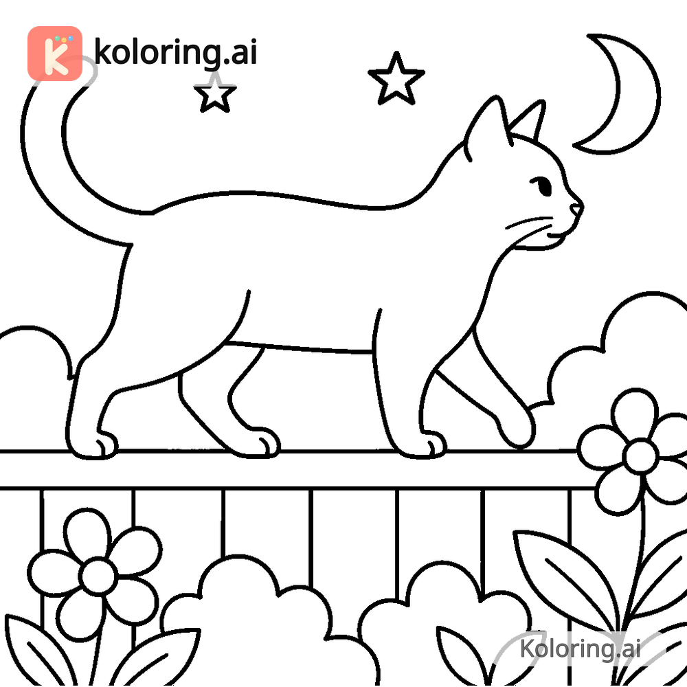 Black and white coloring page of black cat walking along a garden fence at dusk