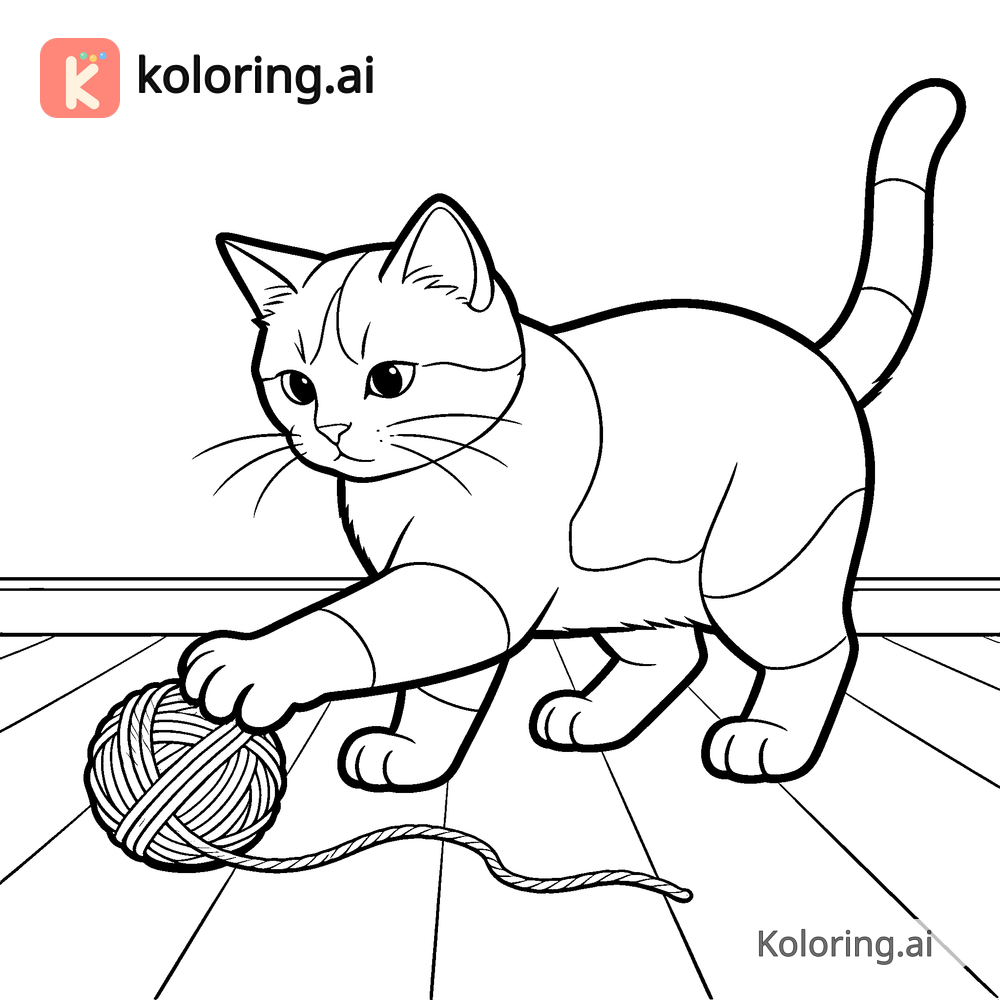 Black and white coloring page of cat batting a ball of string across the floor
