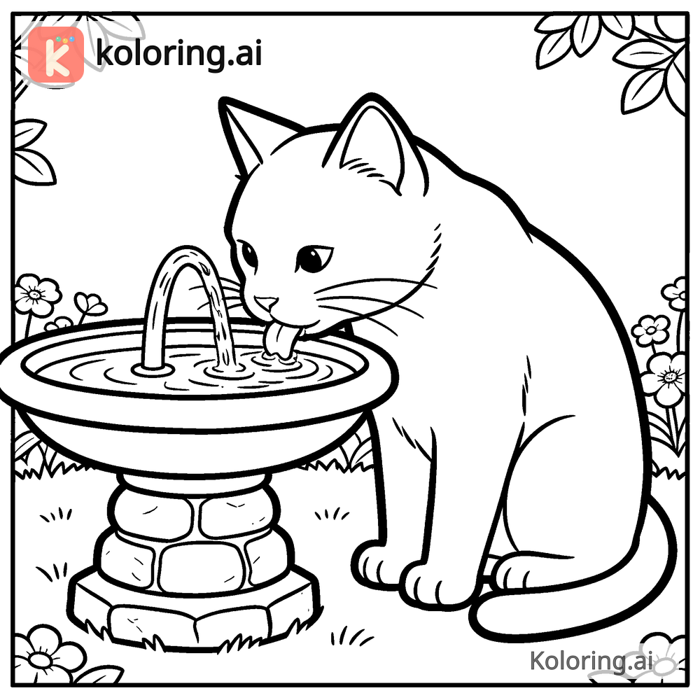 Black and white coloring page of cat drinking water from a garden fountain
