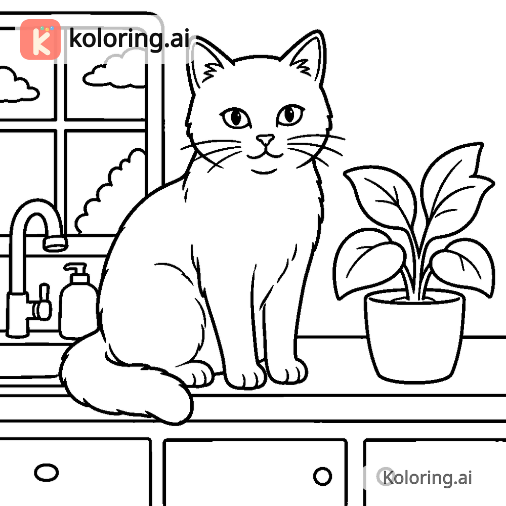 Black and white coloring page of cat perched on a kitchen counter beside a plant
