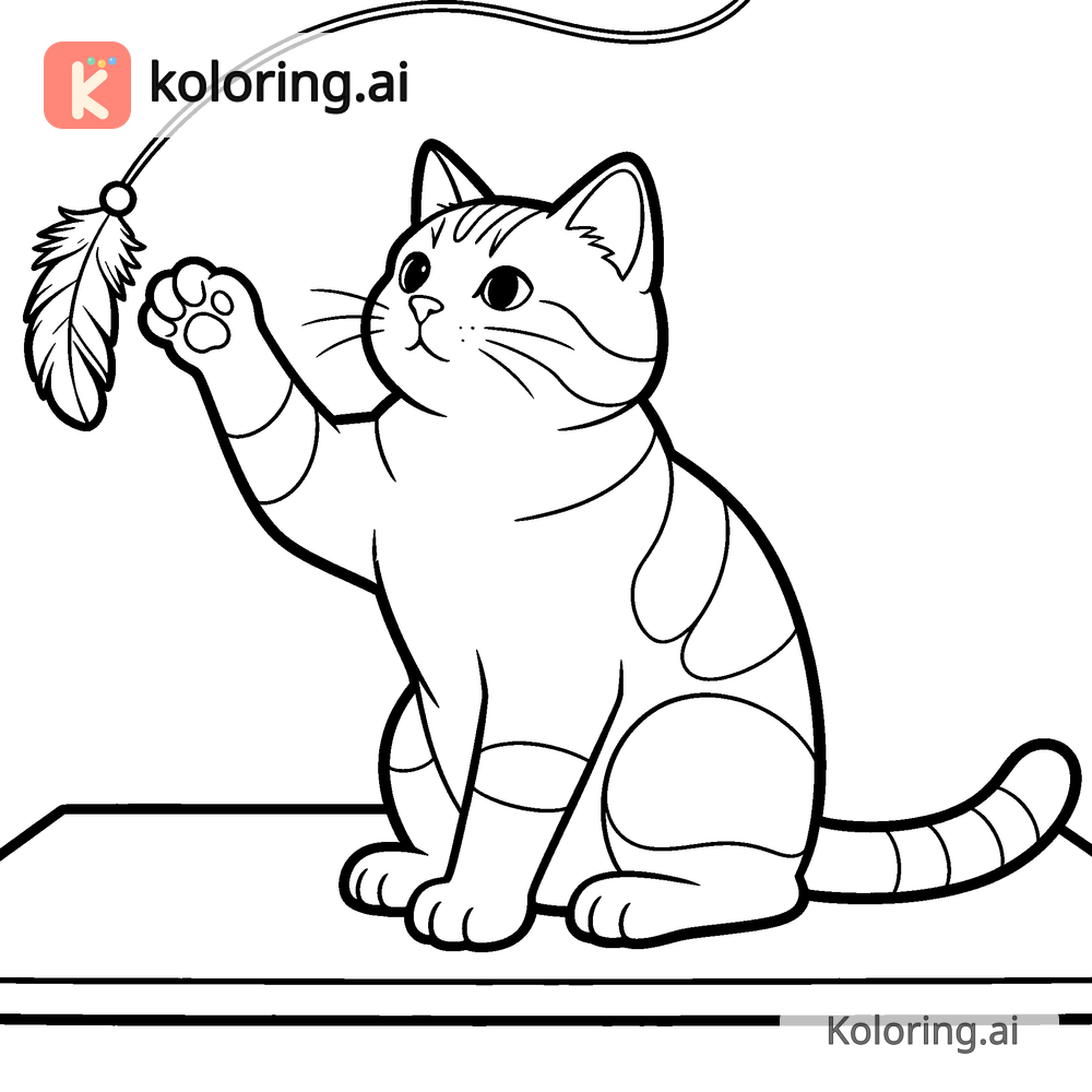 Black and white coloring page of cat reaching a paw toward a dangling feather toy
