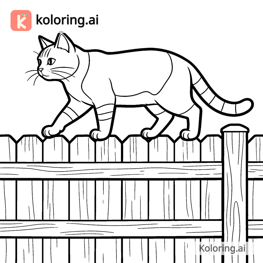 Black and white coloring page of cat walking along the top of a wooden fence