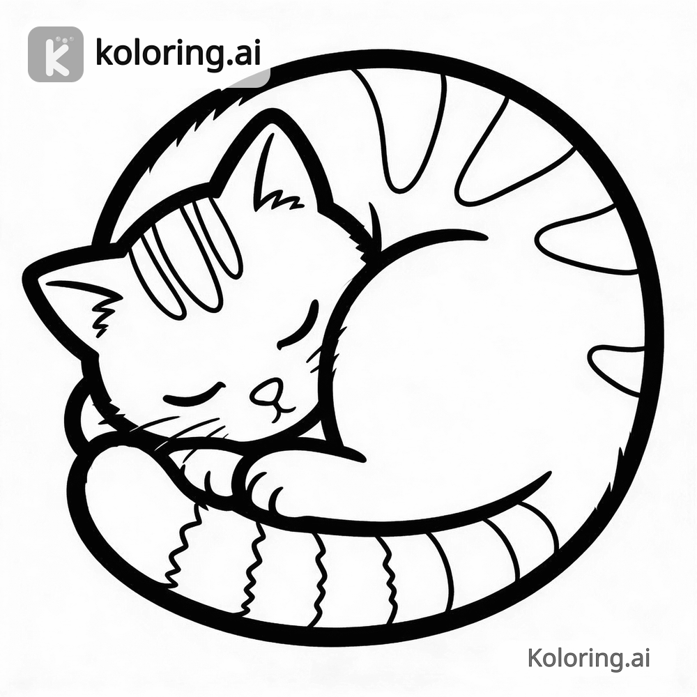 Black and white coloring page of cute sleeping kitten curled up in a ball