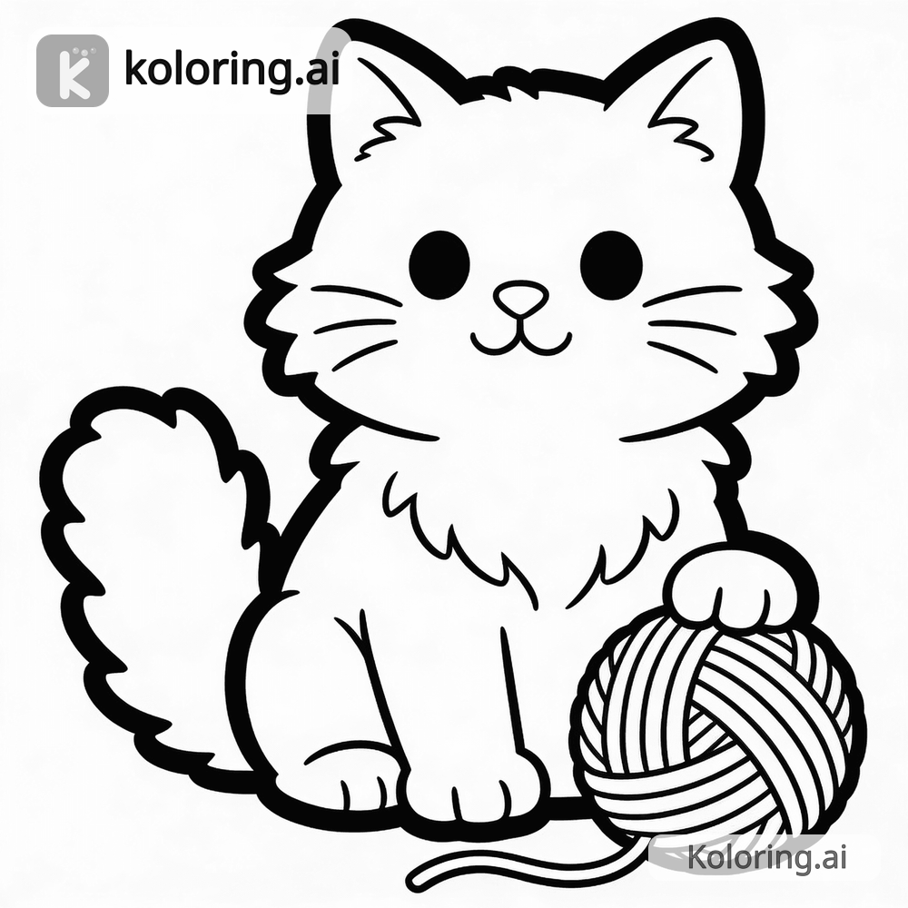 Black and white coloring page of fluffy cartoon cat sitting with a ball of yarn