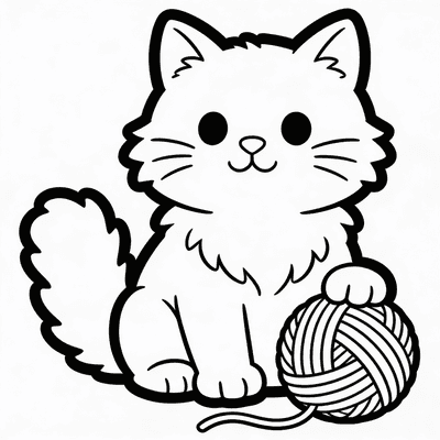 Color Fluffy Cartoon Cat Sitting with a Ball of Yarn online