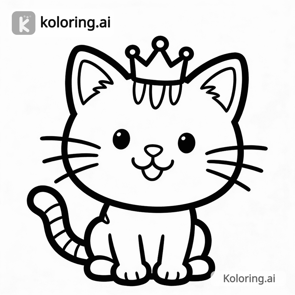 Black and white coloring page of happy cat wearing a tiny crown