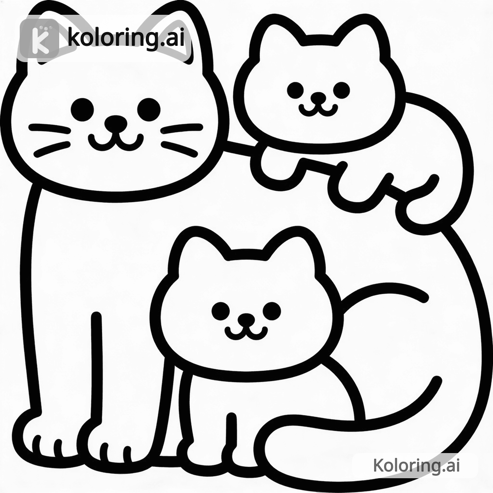 Black and white coloring page of mama cat with three tiny kittens