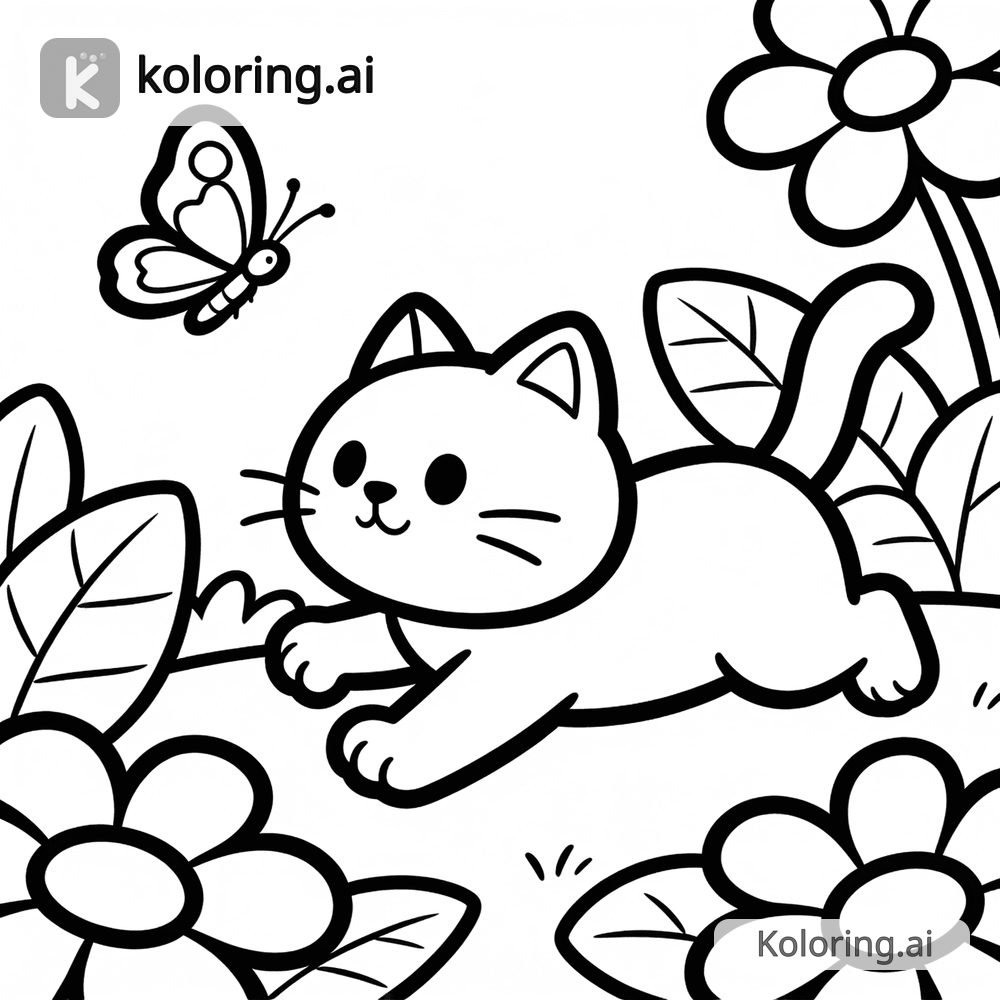 Black and white coloring page of playful cat chasing a butterfly in a garden