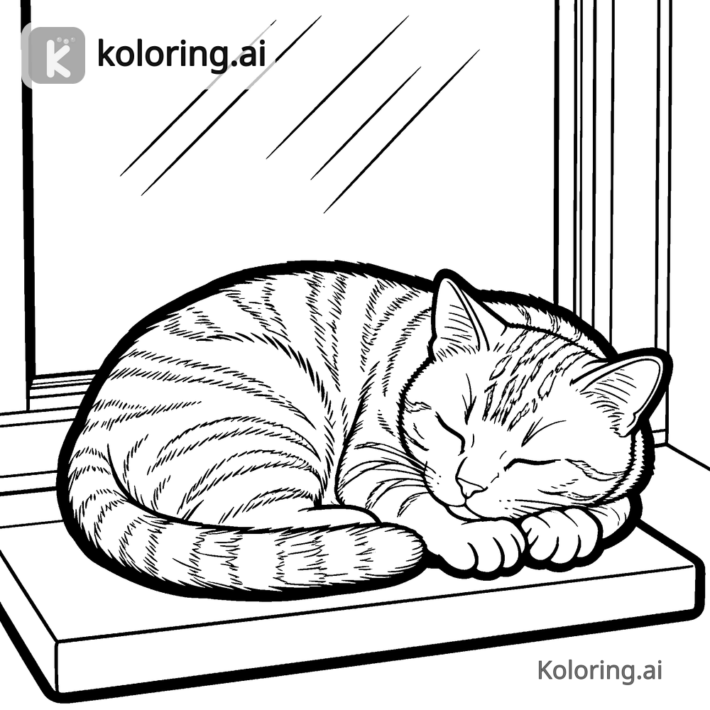 Black and white coloring page of tabby cat napping on a sunny windowsill