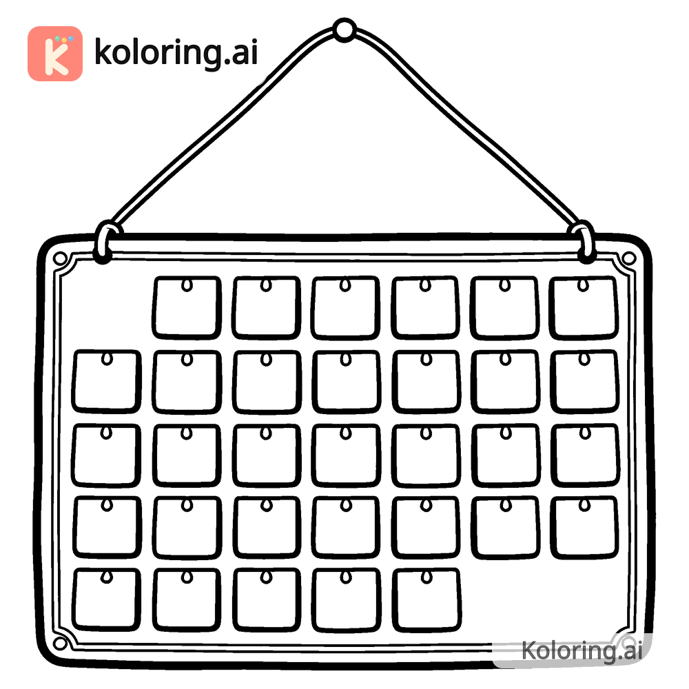 Black and white coloring page of advent calendar hanging on a string