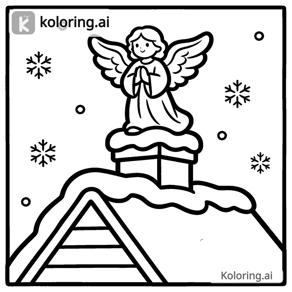 Black and white coloring page of angel perched atop a snowy rooftop