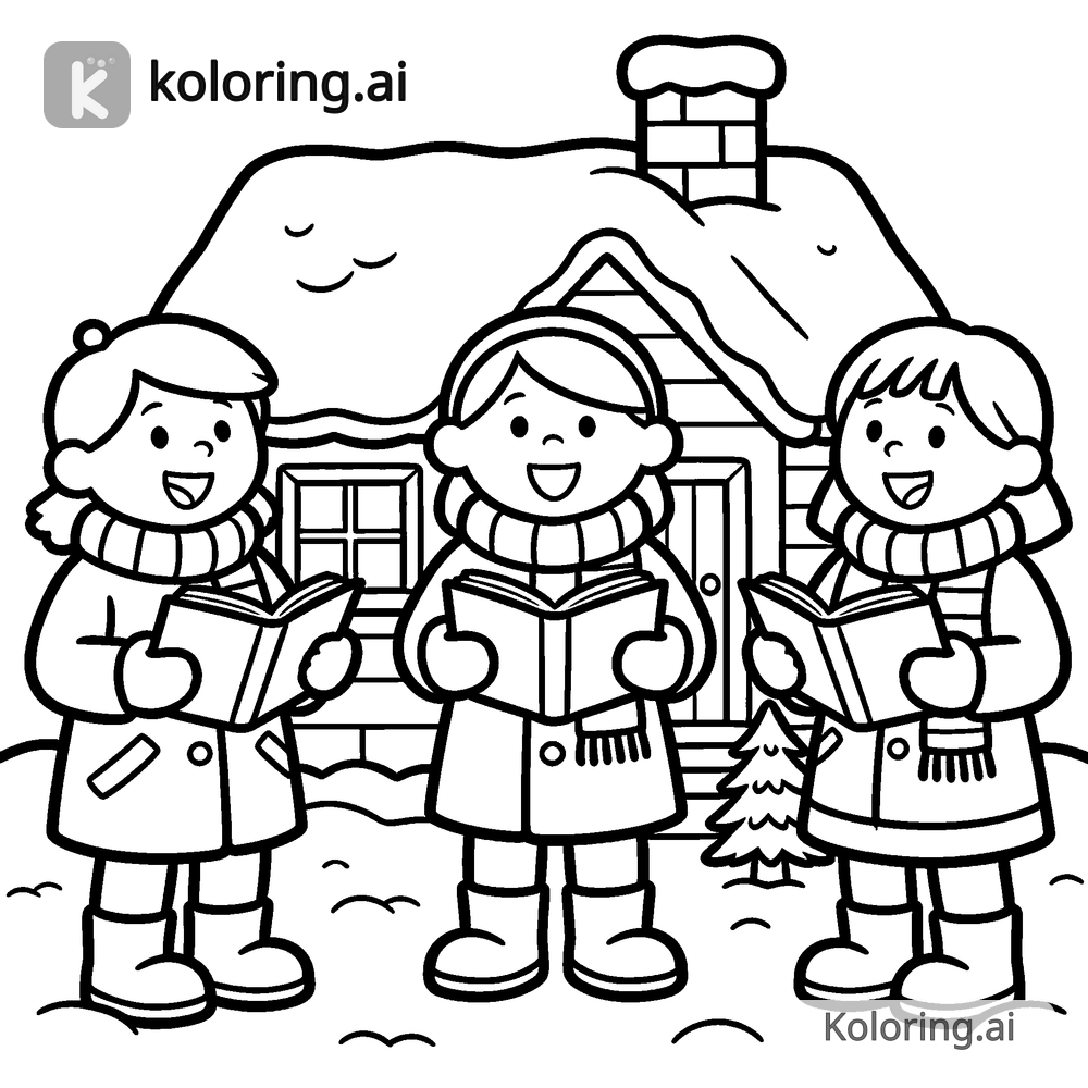 Black and white coloring page of carolers singing outside a snowy cottage