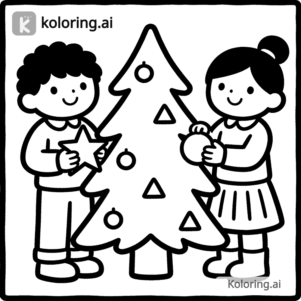 Black and white coloring page of children decorating a christmas tree together