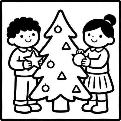 Color Children Decorating a Christmas Tree Together together