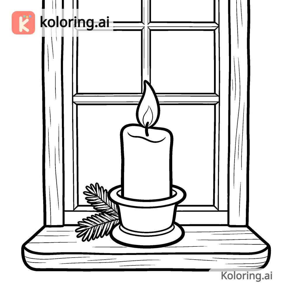 Black and white coloring page of christmas candle glowing on a windowsill