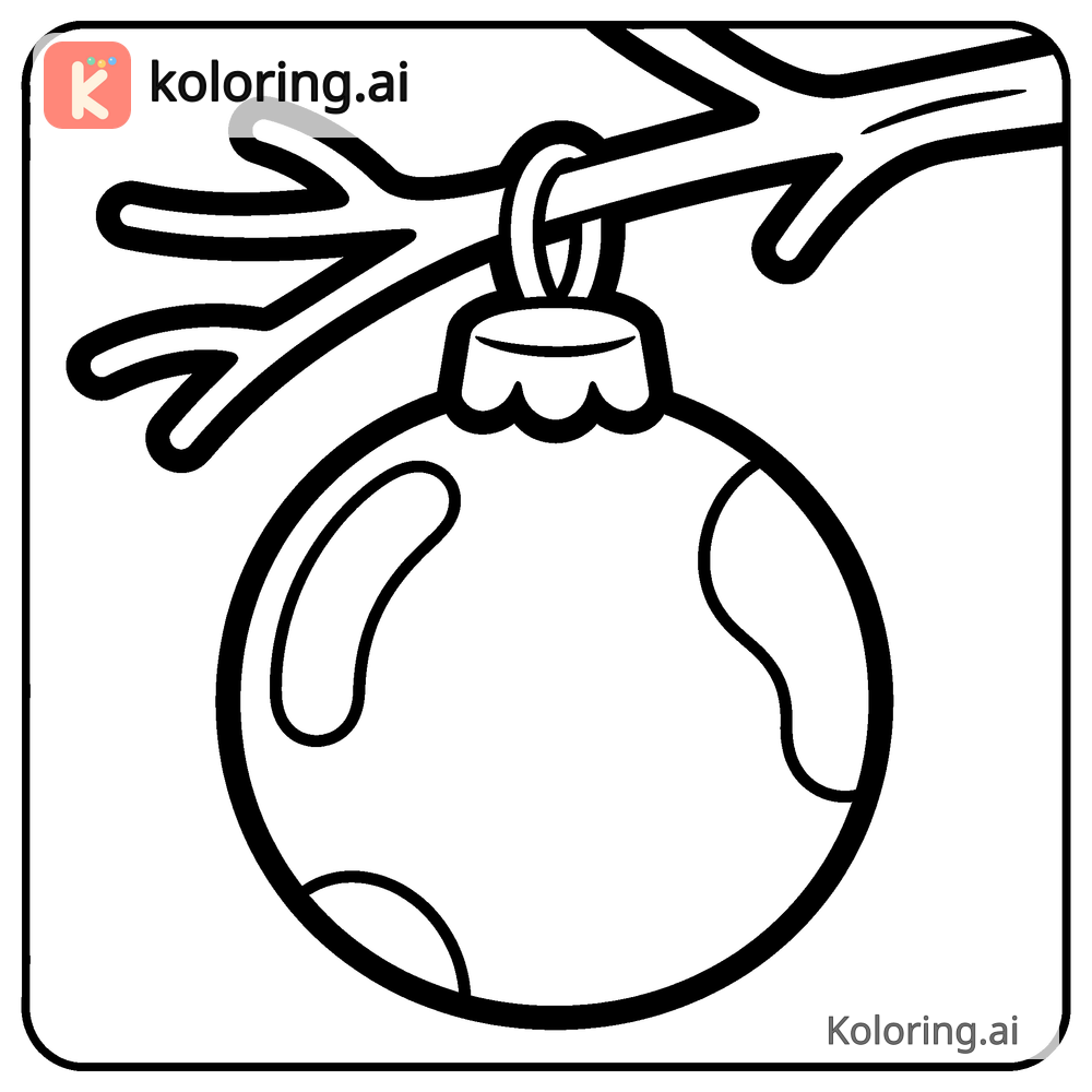 Black and white coloring page of christmas ornament hanging from a branch
