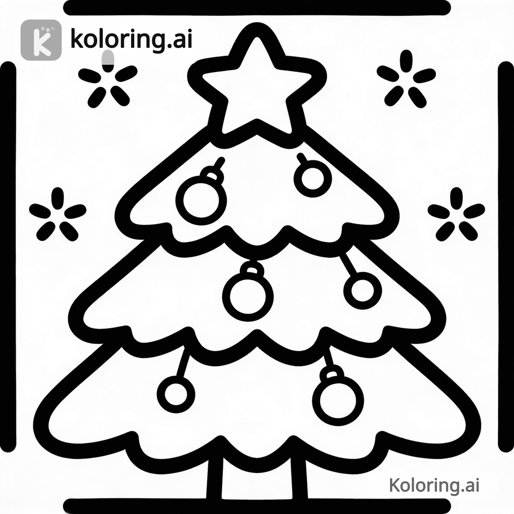 Black and white coloring page of christmas tree with ornaments and a star