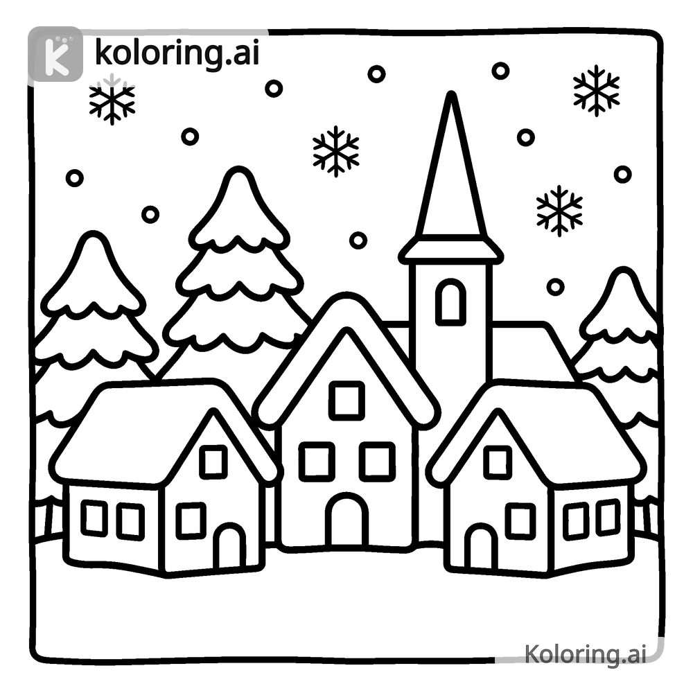 Black and white coloring page of christmas village covered in falling snow