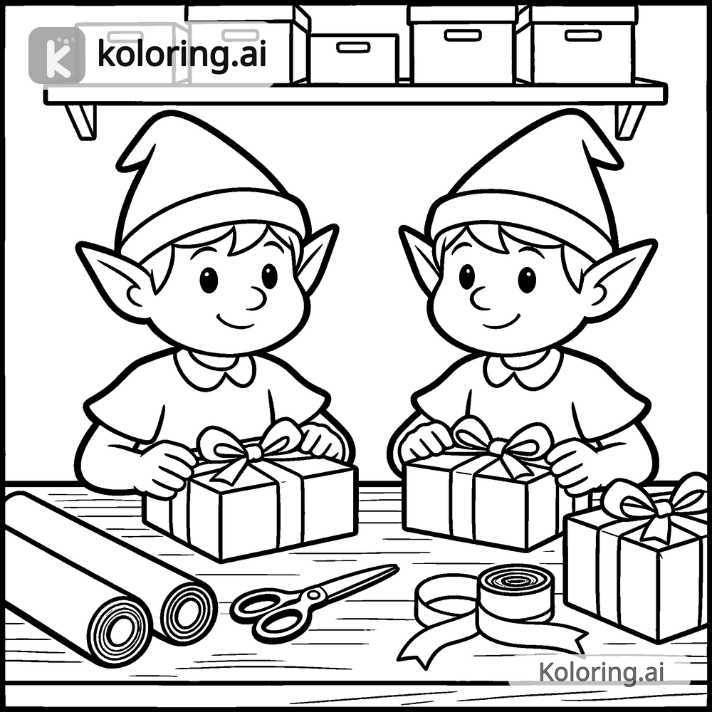 Black and white coloring page of elves wrapping presents in a workshop