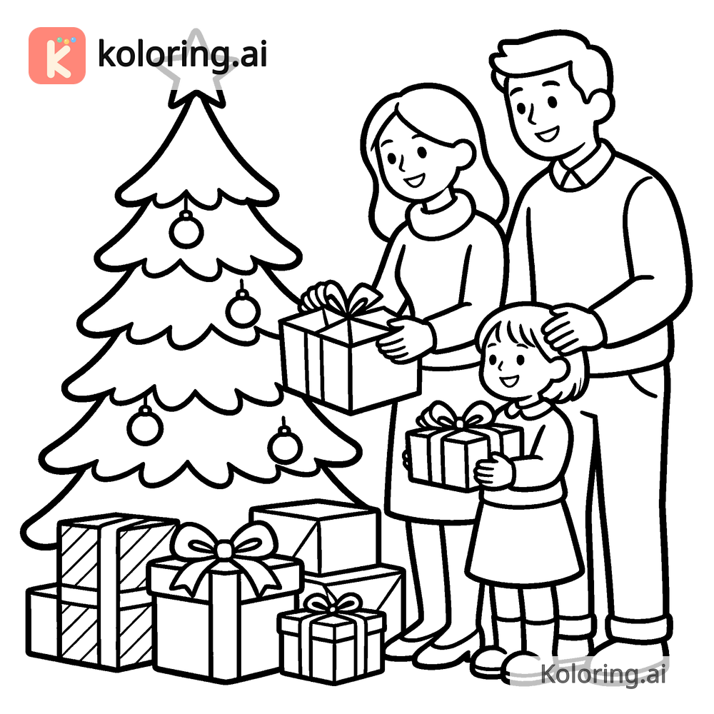Black and white coloring page of family opening presents beside the tree