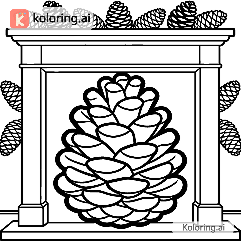 Black and white coloring page of fireplace mantel decorated with pinecones