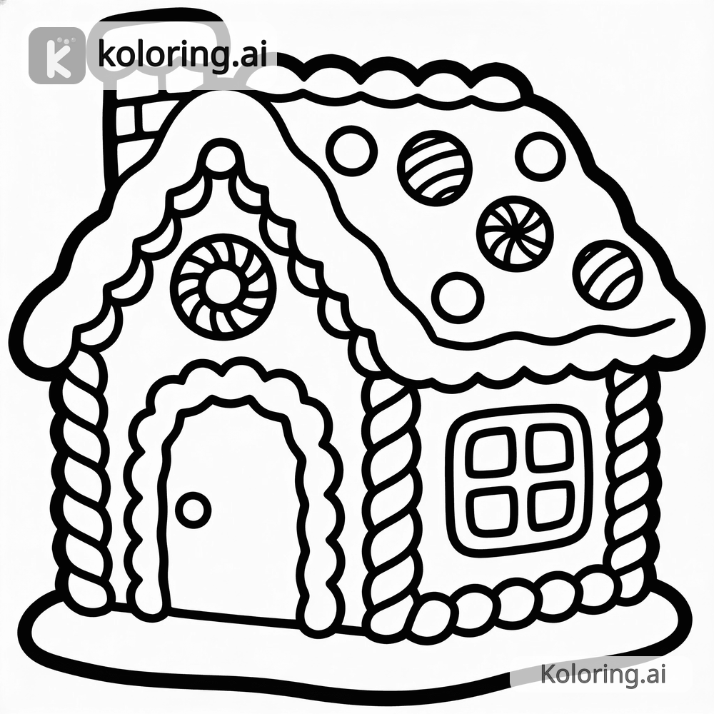 Black and white coloring page of gingerbread house with candy decorations