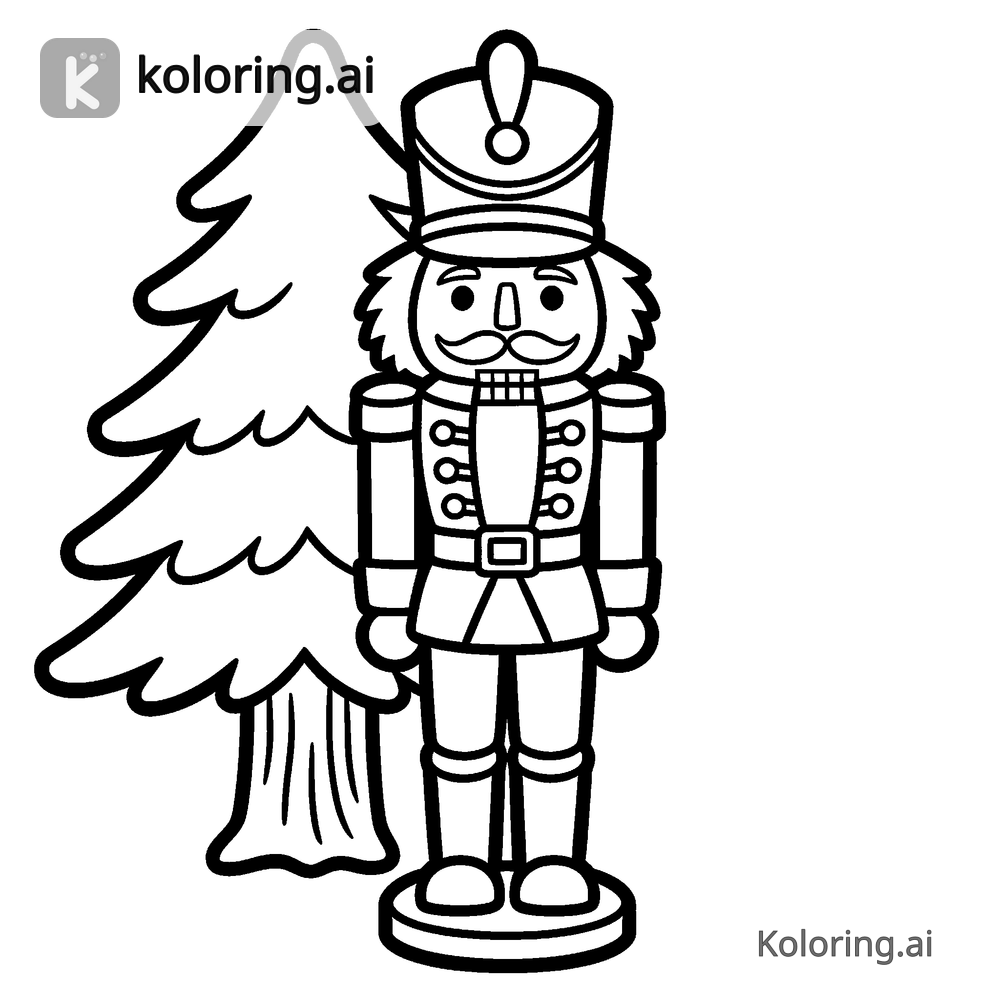 Black and white coloring page of nutcracker standing guard by the tree
