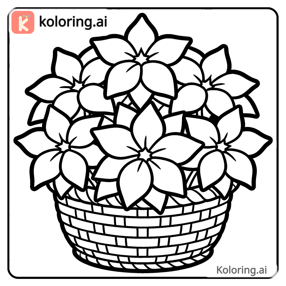 Black and white coloring page of poinsettia flowers arranged in a basket
