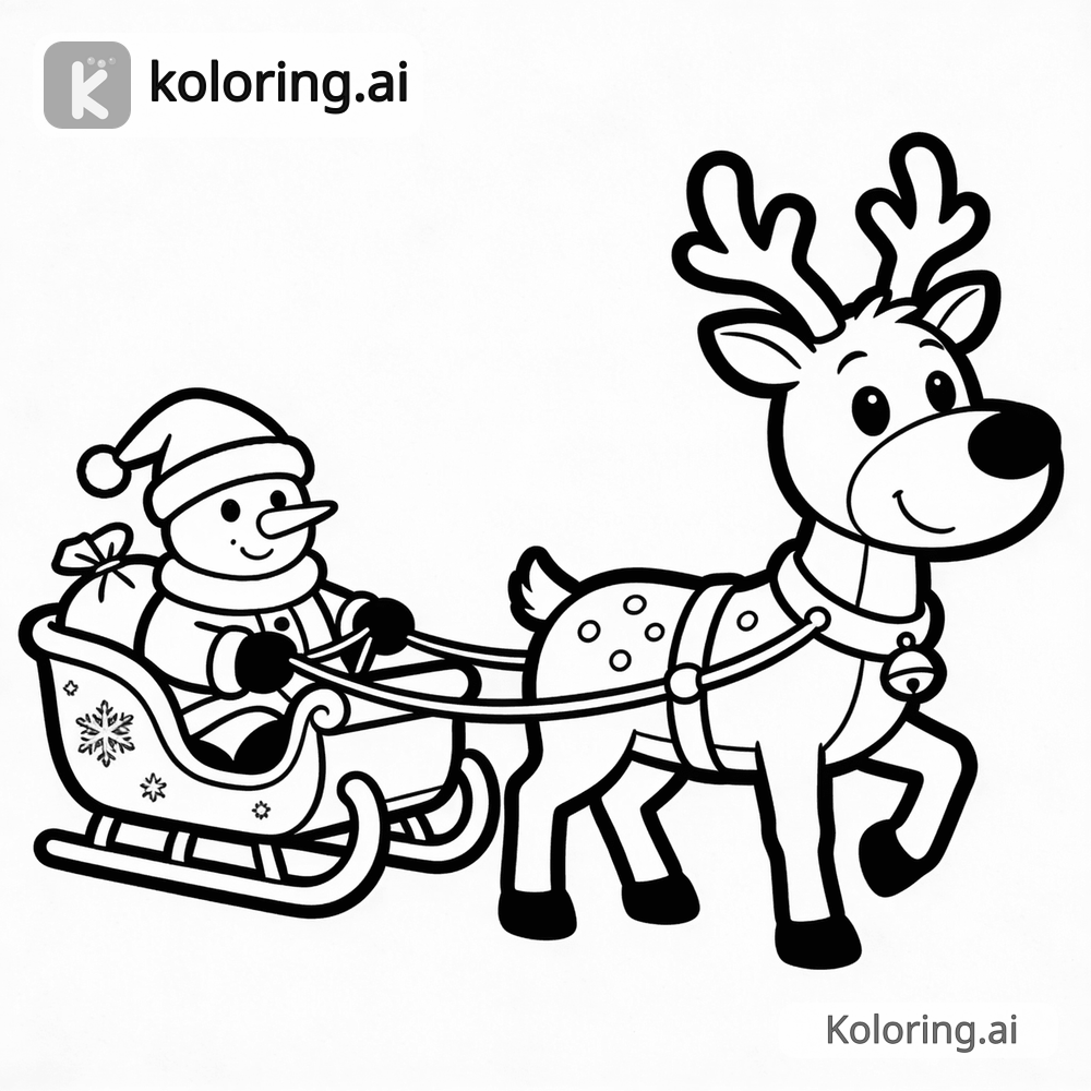 Black and white coloring page of reindeer pulling a sleigh
