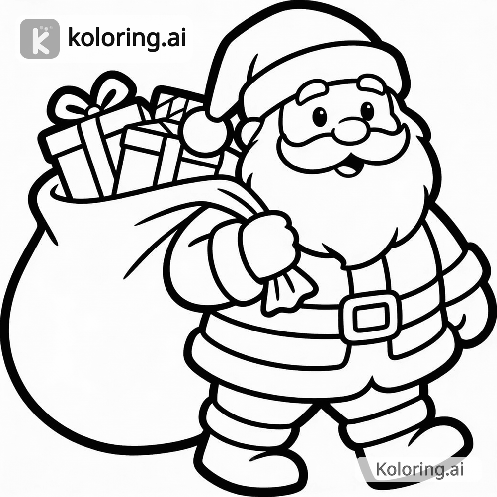 Black and white coloring page of santa claus with a bag of presents