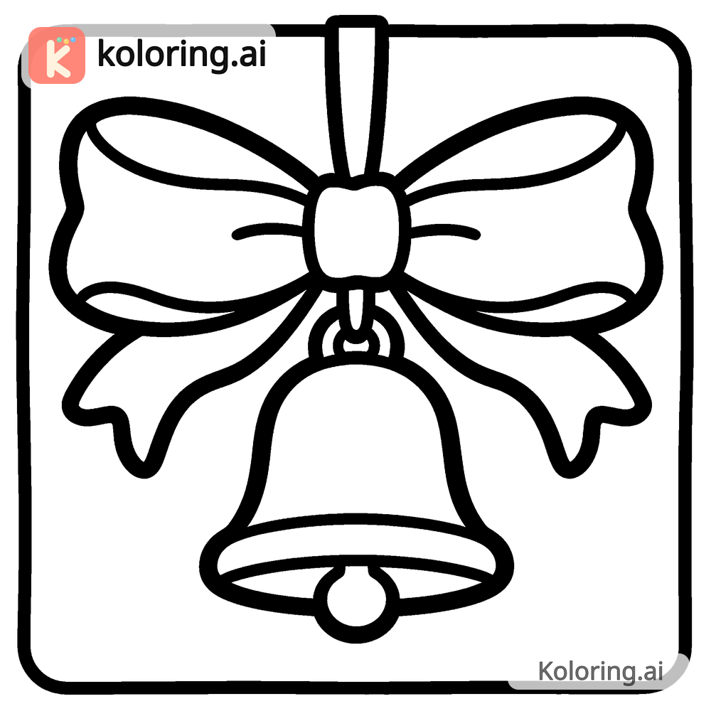 Black and white coloring page of sleigh bells hanging on a winter ribbon