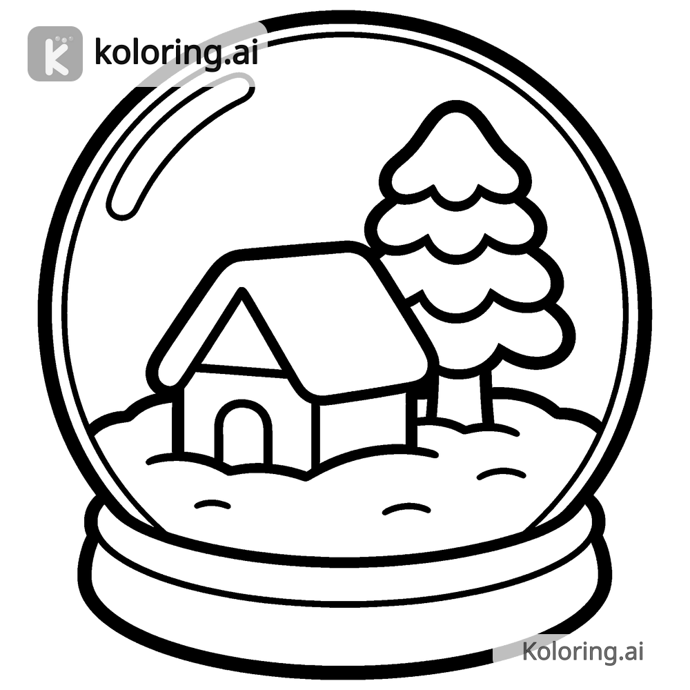 Black and white coloring page of snow globe with a tiny winter village