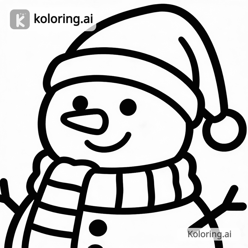 Black and white coloring page of snowman with a hat and scarf
