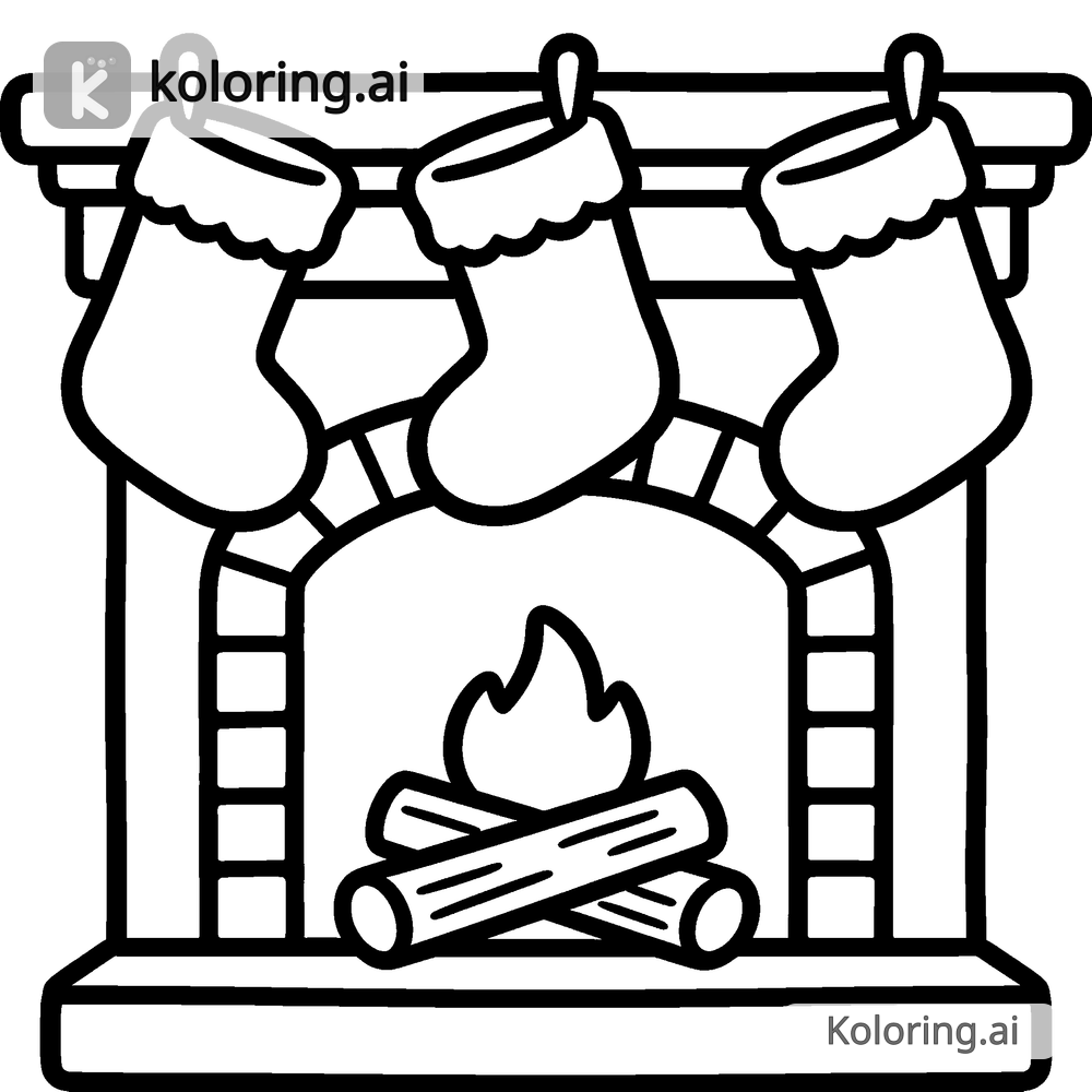Black and white coloring page of stockings hanging by a cozy fireplace