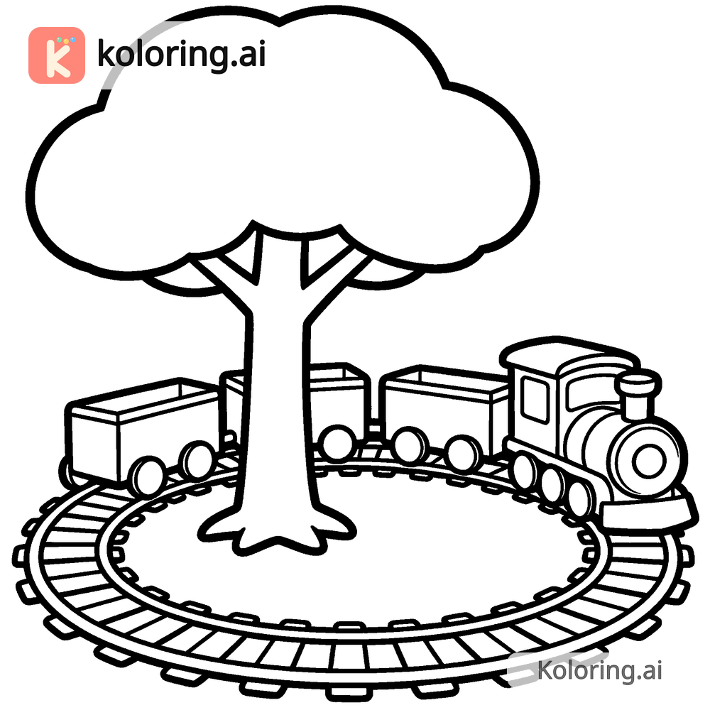 Black and white coloring page of toy train circling under the tree