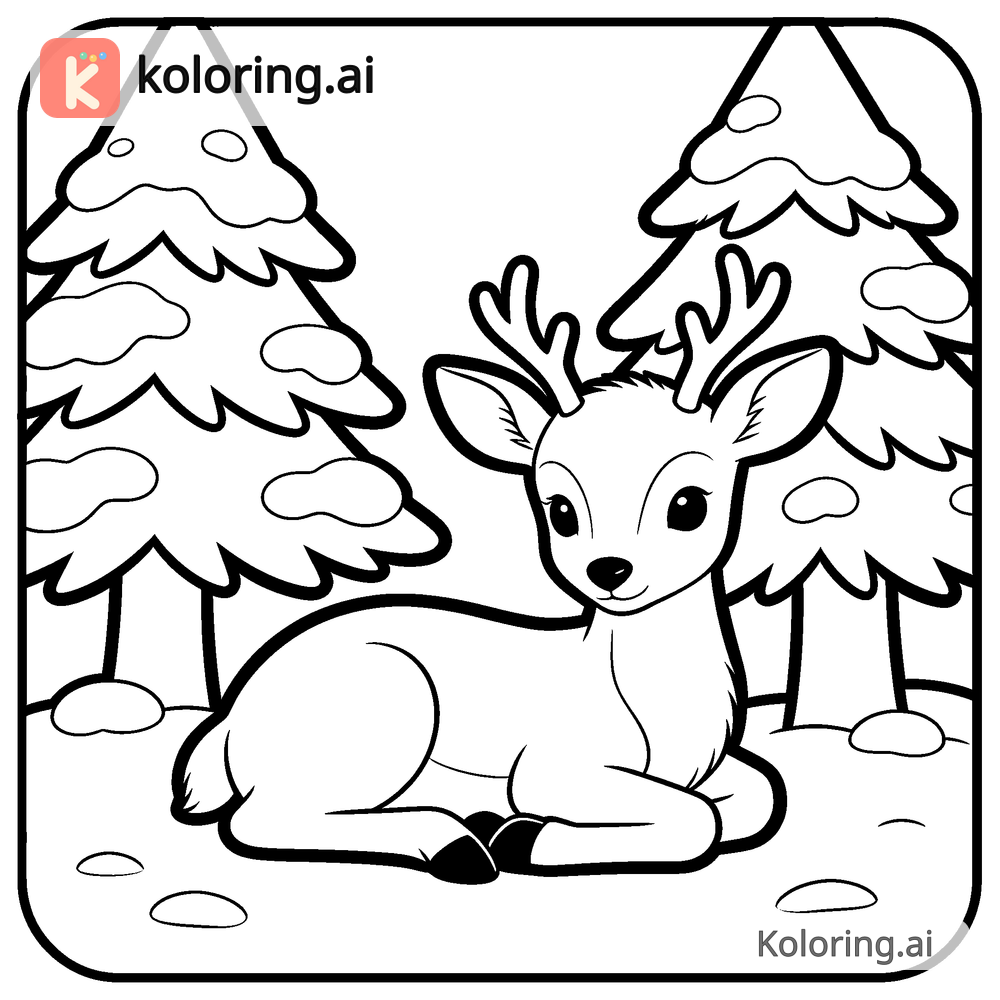 Black and white coloring page of young reindeer resting under snowy pines