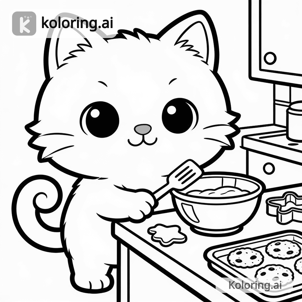 Black and white coloring page of luna baking cookies in a cozy kitchen
