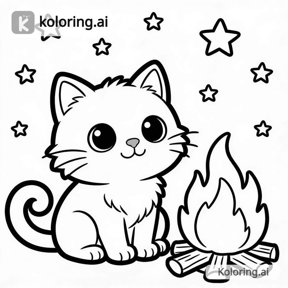 Black and white coloring page of luna by a campfire under the stars