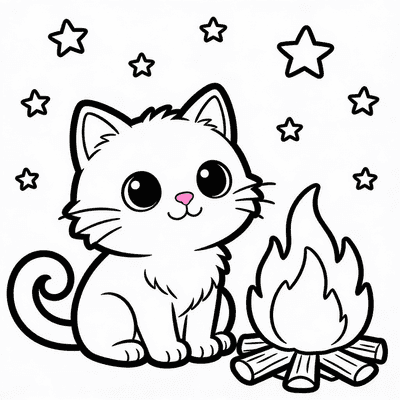 Black and white coloring page of luna by a campfire under the stars