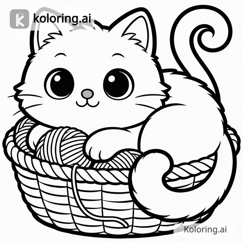 Black and white coloring page of luna curled up in a basket with yarn balls