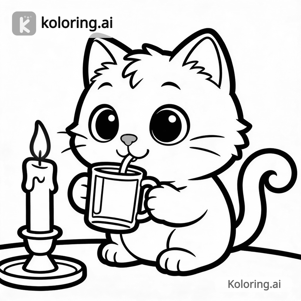 Black and white coloring page of luna drinking from a mug
