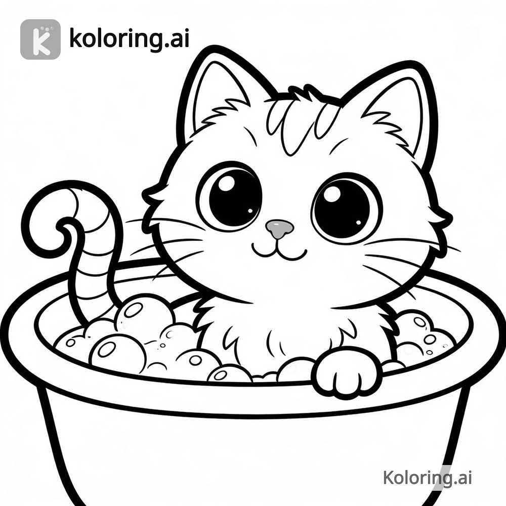 Black and white coloring page of luna in a bathtub with bubbles