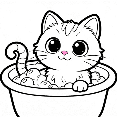 Black and white coloring page of luna in a bathtub with bubbles