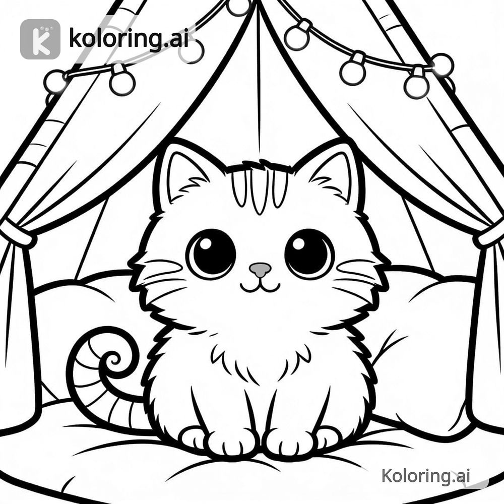 Black and white coloring page of luna in a cozy tent with fairy lights